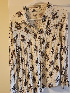 White Western Dot & Cowboy Print Button-Up Top